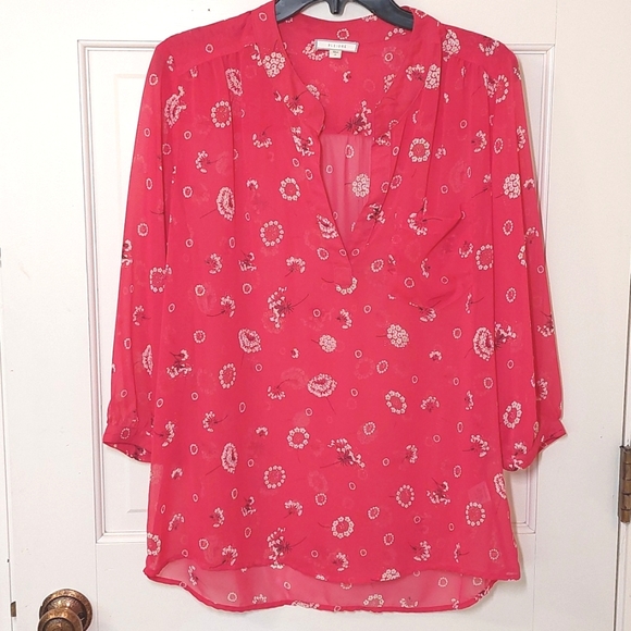 Pleione red sheer dandelion print top, size M - Picture 1 of 8
